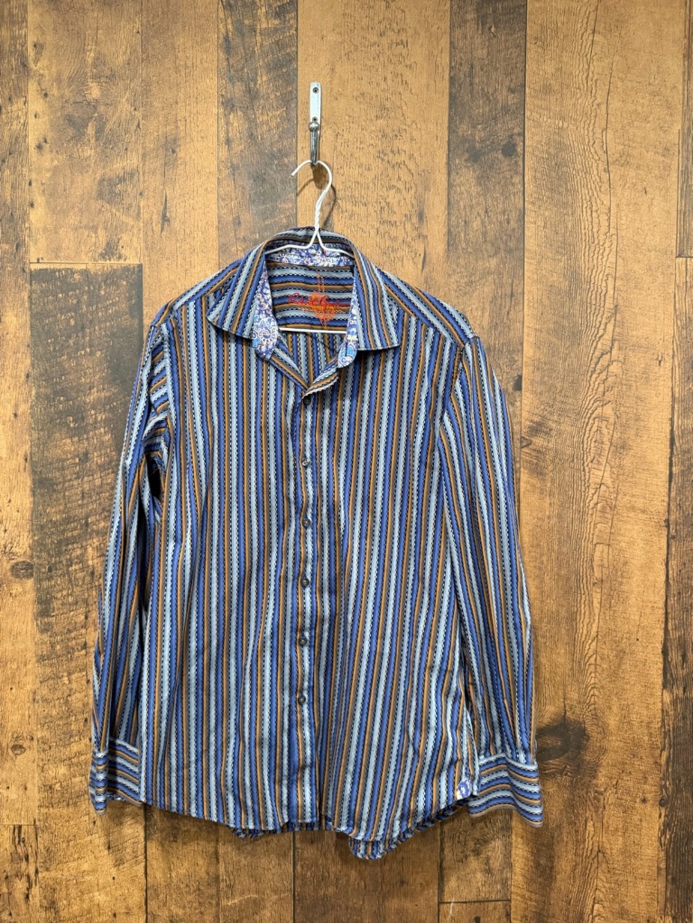 Robert Graham Striped Blue and Brown Men's Button-Up Shirt medium EUC